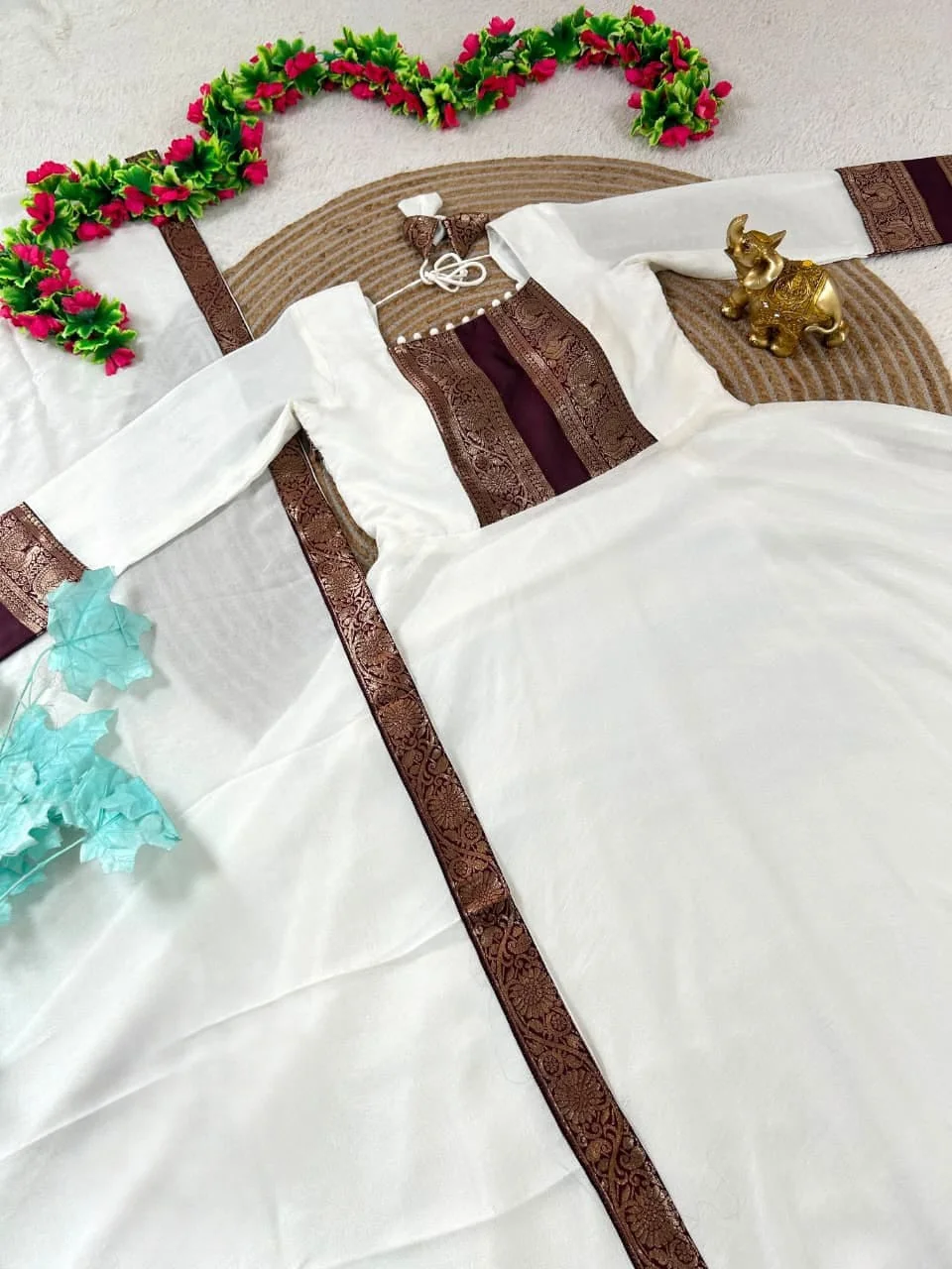 Off-White Royal Elegance Full-Stitched Anarkali Onam Style Gown